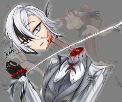 1girls arlecchino_(genshin_impact) black_eyes black_hair blood breasts coat corpse death decapitation empty_eyes english_text fatui_coat genshin_impact gloves gore guro hair_between_eyes imminent_death long_hair multicolored_hair necrophilia nipples noodlesman red_pupils sex short_hair skull_fucking snuff streaked_hair suit symbol-shaped_pupils throat_fuck vaginal_penetration white_hair x-shaped_pupils