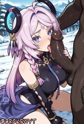 1boy 1girl ahoge ai_generated bangs bare_shoulders black_gloves blue_eyes blush braid breasts brokewyt citlali_(genshin_impact) cuckold dark-skinned_male dark_skin elbow_gloves erection fellatio fingerless_gloves genshin_impact gloves hair_ornament hetero hi_res high_quality high_resolution highres interracial jewelry large_breasts large_penis leotard licking licking_penis long_hair netorare open_mouth oral outdoors penis pink_hair snow solo_focus tongue tongue_out uncensored veins veiny_penis
