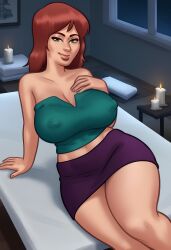 1girls 2d 2d_(artwork) ai_assisted beautyash big_breasts bottomwear breasts cleavage clothed clothing curvaceous curvaceous_female curvaceous_figure curves curvy curvy_body curvy_female curvy_figure curvy_hips digital_drawing_(artwork) digital_media_(artwork) female female_focus female_only freckled_face freckles freckles_on_face ginger ginger_hair green_eyes ivy_(summertime_saga) light-skinned_female light_skin looking_at_viewer massage_parlor massage_table nipples nipples_visible_through_clothing red_hair redhead showing_off sitting skirt smile smiling summertime_saga thick_thighs topwear