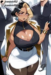 1girl 2boys 3boys ai_generated artist_name bangle belt black_belt black_hair black_shirt blonde_hair blue_nails blush bracelet breasts cleavage cleavage_cutout clothing clothing_cutout curvy dark-skinned_female dark_skin earrings english_text female heart-shaped_pupils huge_breasts jacket jacket_on_shoulders jennieart02 jewelry large_breasts male miniskirt mole mole_on_breast multicolored_hair multiple_boys nail_polish office_lady open_mouth pantyhose patreon patreon_logo patreon_username pencil_skirt plump red_eyes shirt shirt_tucked_in short_hair skirt sleeveless sleeveless_shirt solo_focus streaked_hair suit sweat symbol-shaped_pupils tan thick_thighs thighs twitter twitter_username two-tone_hair watermark white_jacket white_nails white_shirt white_skirt wide_hips