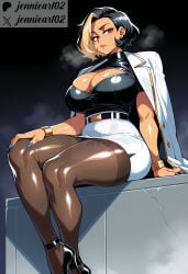 1girl ai_generated artist_name belt black_belt black_footwear black_hair black_pantyhose black_shirt blonde_hair blue_nails bracelet breasts brown_pantyhose cleavage cleavage_cutout clothing clothing_cutout coat_on_shoulders crossed_legs dark-skinned_female dark_skin earrings female fingernails footwear hand_on_own_knee high-waist_skirt high_heels huge_breasts jacket jacket_on_shoulders jennieart02 jewelry large_breasts legwear lips looking_at_viewer makeup miniskirt mole mole_on_breast multicolored_hair nail_polish pantyhose patreon patreon_logo patreon_username pencil_skirt red_eyes shiny_clothes shirt shoes short_hair sitting skirt solo strappy_heels sweat tan thick_thighs thighs twitter twitter_username two-tone_hair watermark white_jacket white_skirt
