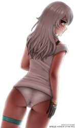 back_view dutch_angle female gold_eyes gray_hair honkai:_star_rail honkai_(series) john_joseco looking_over_shoulder panties solo standing stelle_(honkai:_star_rail) t-shirt white_panties