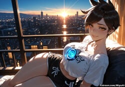 1girl ai_assisted ai_generated bangs black_shorts blush breasts brown_eyes brown_hair building city city_lights cityscape closed_mouth clothes_writing collarbone curvaceous curvy curvy_female curvy_figure female freckles indoors large_breasts lens_flare looking_at_viewer lying midriff miyuai navel ocean outdoors overwatch pink_lips shirt short_hair short_shorts short_sleeves shorts sky skyscraper smile solo spiked_hair sun swept_bangs thick thick_ass thick_butt thick_hips thick_legs thick_thighs tracer_(overwatch) union_jack voluptuous voluptuous_female water white_shirt wide_hips wide_thighs