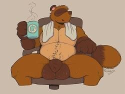 4:3 animal_crossing anthro balls big_balls biped bodily_fluids brown_body canid canine chair container countershade_torso countershading cup eyes_closed faroutboy flaccid foreskin fur furniture genitals hair hi_res holding_container holding_cup holding_mug holding_object huge_balls male mammal mug navel nintendo nude penis procyonid raccoon raccoon_dog simple_background sitting solo sweat tail tan_background tan_body tan_countershading tanuki tom_nook_(animal_crossing) towel towel_around_neck