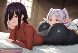 2girls ai_generated ass_focus big_ass face_on_ass floresai frieren huge_ass looking_at_viewer lying_on_stomach narrow_waist naughty_face nayuta_(chainsaw_man) patreon patreon_url patreon_username petite_body petite_female teasing thick_thighs wide_hips