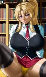 ai_assisted ai_generated bible_black bible_black_only black_vest blonde_hair blush covered_pussy curvy_figure female_focus female_only girls hi_res highres horny_female huge_breasts inviting_to_sex large_breasts library light-skinned_female lipstick long_hair long_sleeves milf necktie panties pleated_skirt ponytail purple_eyes red_skirt red_tie saeki_kaori school_uniform schoolgirl_uniform seductive seductive_smile sitting_on_floor smile smiling_at_viewer spread_legs thick_ass thick_legs thick_thighs thighs white_shirt white_undershirt wide_hips yellow_panties
