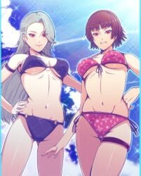2_girls alluring atlus big_breasts bikini black_bikini blue_sky brown_hair cloud cloudy_sky commentary_request corner50777313 earrings grey_hair high_res jewelry long_hair makoto_niijima multiple_girls outside persona persona_5 persona_5_the_royal red_eyes sae_niijima sega short_hair siblings silf silfs sisters sky smile swimsuit