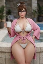 ai_generated bikini black_outline blue_eyes blurry_background brown_hair brunette_hair cleavage coffee coffee_mug eyelashes eyeshadow female female_only front-tie_bikini_top front-tie_clothing gemini glasses hair_bun hair_ribbon hair_strand hair_tie hot_coffee hourglass_figure jacuzzi large_breasts lipstick looking_at_viewer mature_female micro_bikini milf morning_after nipple_outline open_robe potted_plant rgomez007 robe seductive_look self_upload sideboob slight_smile solo_female swimsuit thick_eyelashes thick_lips thick_thighs thighs tied_hair underboob updo voluptuous wide_hips
