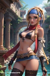 1girls ai_generated bandana bikini bikini_top_only black_bikini blonde_hair blue_headband braid breasts day detached_sleeves earrings female_human final_fantasy final_fantasy_x final_fantasy_x-2 fingerless_gloves gloves green_eyes headband hi_res highleg jewelry lips looking_at_viewer medium_breasts microskirt miniskirt navel outdoors progenarts pussy rikku scarf skirt solo square_enix swimsuit thighhighs uncensored water
