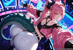 1girl ai_assisted ai_generated arknights:_endfield ass back bangs bare_shoulders belt black_gloves breasts crop_top curvaceous curvy curvy_female curvy_figure dragon_girl dragon_horns dragon_tail eyebrows_visible_through_hair female from_behind gloves horns jacket long_hair long_sleeves looking_at_viewer looking_back midriff miyuai outstretched_arm outstretched_arms pants pink_hair shirt smile solo tail thick thick_ass thick_butt thick_hips thick_legs thick_thighs thighs twintails voluptuous voluptuous_female wide_hips wide_thighs yvonne_(arknights:_endfield)