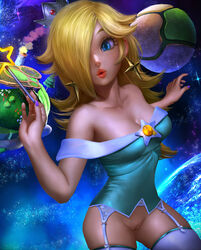 big_eyes blonde_hair blue_dress blue_eyes breasts cleavage clothing dress earrings hair_over_one_eye lingerie logan_cure looking_at_viewer luma mario_(series) medium_breasts nintendo princess_rosalina pussy realistic shaved_pussy space star_earrings stockings super_mario_galaxy thighhighs