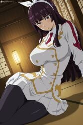 1girl ai_generated arm_support black_hair black_pantyhose blunt_bangs blush breasts brown_eyes buttons digitalwaifugallery double-breasted fairy_tail gloves hair_ribbon hairband hi_res high_quality high_resolution hime_cut indoors jacket kagura_mikazuchi large_breasts long_hair looking_at_viewer miniskirt necktie pantyhose patreon pleated_skirt purple_hair red_necktie ribbon seductive sexy shirt shouji sitting skirt sliding_doors solo uncensored uniform watermark white_gloves white_hairband white_jacket white_ribbon white_skirt