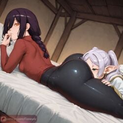 2girls ai_generated ass_focus big_ass face_on_ass floresai frieren huge_ass looking_at_viewer lying_on_stomach narrow_waist naughty_face nayuta_(chainsaw_man) patreon patreon_url patreon_username petite_body petite_female teasing thick_thighs wide_hips