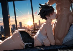 1boy 1girl ai_assisted ai_generated ass bangs bare_shoulders black_hair black_shorts breasts breasts_outside closed_eyes curvaceous curvy curvy_female curvy_figure fellatio female heart hetero indoors large_breasts lying miyuai muscle nipples on_stomach oral overwatch penis pillow short_hair short_shorts shorts sky sweat thick thick_ass thick_butt thick_hips thick_legs thick_thighs torn_clothes tracer_(overwatch) voluptuous voluptuous_female wide_hips wide_thighs