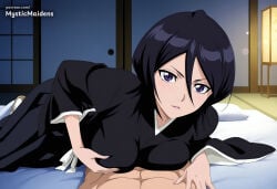 1boy 1girl ai_generated anime anime_style artist_name black_hair black_kimono bleach bleach:_the_thousand-year_blood_war breasts hair_between_eyes hentai hetero hi_res indoors japanese_clothes kimono kuchiki_rukia large_breasts looking_at_viewer lying mystic_maidens parted_lips patreon patreon_username pov purple_eyes rukia_kuchiki short_hair sliding_doors solo_focus web_address