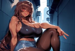 1girl 1girls against_wall ai_generated alley balecxi bare_shoulders black_choker black_tank_top blue_shorts blush breasts brown_eyes brown_hair brown_pantyhose building choker cleavage clothing collarbone crop_top curvaceous curvaceous_female curvaceous_figure curvy curvy_figure cutoffs dark-skinned_female dark_skin denim denim_shorts female female_focus fingernails goddess_of_victory:_nikke hair_between_eyes hair_intakes heart_choker huge_breasts inviting inviting_to_sex knee_up large_breasts lips long_hair looking_at_viewer midriff navel noir_(nikke) one_eye_closed original outdoors pantyhose pantyhose_under_shorts presenting presenting_ass presenting_breasts presenting_hindquarters presenting_self seductive seductive_look seductive_smile shiny_clothes shiny_skin short_shorts shorts sideboob sitting smile solo tan tank_top thick_thighs thighband_pantyhose thighs tongue tongue_out torn_clothes torn_pantyhose v very_long_hair voluptuous voluptuous_female