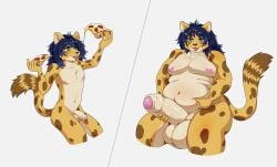 2026 absurd_res anthro balls balls_expansion before_and_after belly belly_squish big_balls big_belly big_moobs big_penis blue_hair cheese_string cheetah digital_media_(artwork) eating erection expansion eye_bags felid feline food foreskin front_view fur genital_expansion genitals green_eyes hair half-erect happy hi_res holding_belly holding_food holding_object holding_own_penis holding_penis huge_balls huge_belly huge_penis looking_up male mammal markings moobs nipples nude obese obese_anthro obese_male overweight overweight_anthro overweight_male penis penis_expansion pimbimb pink_nipples pizza sequence sitting smile solo sowilo_(runicrunez) spots spotted_body spotted_fur squish tail three-quarter_view tongue tongue_out urethra weight_gain