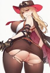 1girl ai_generated big_butt blonde_hair brown_eyes butt_focus butthole clothed hat huge_breasts mongil:_star_dive pussy ripped_clothing ripped_tights solo tights