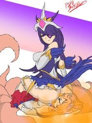 ahri facesitting fart fart_cloud fart_fetish farting farting_in_face female league_of_legends pervdarkling_(artist) purple_eyes purple_hair star_guardian_ahri star_guardian_series star_guardian_syndra syndra