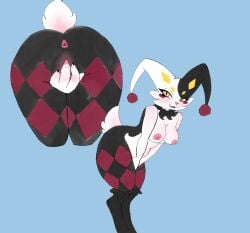 anthro anus black_body black_fur blush breasts cheek_tuft diamond_(marking) dupin_(pal) facial_tuft female fingering fingering_self fur genitals jester lagomorph leg_markings leporid mammal markings masturbation multicolored_body multicolored_fur neck_tuft pal_(species) palworld pink_nose pocketpair rabbit red_markings short_tail simple_background solo starrycat tail teeth thigh_markings tuft vaginal vaginal_fingering vaginal_masturbation vulva white_body white_fur yellow_eyes yellow_markings