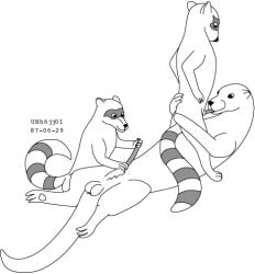 1987 animal_genitalia balls dated erection feral genitals greyscale group lying male male/male mammal masturbation monochrome mustelid on_back oral otter procyonid raccoon sheath size_difference standing tail trio urbanhermit