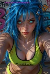 1girls ai_generated blue_eyes blue_hair bra breasts close-up girl panties pov solo