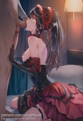 1boy 1girl 2026 ai_generated bare_shoulders bed bedroom black_gloves black_hair blush breasts choker clock_eyes clothed_female_nude_male clothes_pull cocomiyart corset date_a_live dress dress_pull elbow_gloves fellatio fishnet_thighhighs fishnets frilled_dress frills from_side gloves gumroad_username hairband hand_on_another's_thigh hetero highres indoors kneeling lamp lolita_fashion lolita_hairband long_hair medium_breasts nipples nsfw nude on_bed oral penis pillow profile red_dress saliva single_thighhigh sitting solo_focus standing sweat testicles thighhighs tokisaki_kurumi twintails uncensored yellow_eyes
