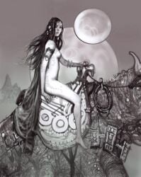 1girls 2014 arantza_sestayo body_markings breasts dejah_thoris female female_focus long_hair monochrome nipples nude solo_focus traditional_media_(artwork)