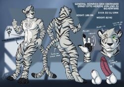 abstract_background alternate_version_at_source amputated_fingers animal_genitalia anthro athletic athletic_anthro athletic_male balls black_pawpads butt claws english_text facial_markings facial_scar felid finger_claws fingerpads front_view fur genitals green_eyes grey_body grey_claws grey_fur head_markings herzog_silverfang hufnaar humanoid_genitalia humanoid_penis hybrid_genitalia hybrid_penis looking_at_viewer male male_anthro mammal markings model_sheet nude pantherine pawpads penile_spines penis penis_tip rear_view scar sheath smile solo striped_arms striped_body striped_face striped_fur striped_legs striped_markings striped_tail stripes tail tail_markings text tiger white_balls white_body white_fur white_sheath