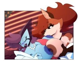 3_fingers absurd_res alien alien_humanoid amphibian animal_humanoid anthro areola ben_10 big_breasts blue_body blue_skin blush bodily_fluids breast_milking breast_play breast_squish breast_suck breastfeeding breasts canid canid_humanoid canine canine_humanoid cartoon_network duo english_text erection evelyn_(edy) fellatio female female/female fingers fox fur generation_3_pokemon genital_fluids genitals group group_sex hair hi_res huge_breasts humanoid juanp1arts kineceleran lactating male male/female mammal mammal_humanoid nintendo nipples open_mouth oral penile penis pokemon pokemon_(species) red_fox red_hair sex squish sucking swampert text titfuck tongue trio true_fox