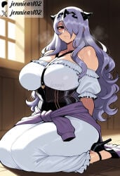 1girl ai_generated artist_name bare_shoulders between_breasts black_footwear breasts camilla_(fire_emblem) cleavage closed_mouth clothes_around_waist clothing corset curvy dress female fire_emblem hair_over_one_eye high_heels horns huge_breasts indoors jennieart02 large_breasts long_hair looking_at_viewer off-shoulder_dress off_shoulder patreon patreon_logo patreon_username purple_hair purple_sweater red_eyes seiza sitting solo strap_between_breasts sweat sweater sweater_around_waist thick_thighs thighs tiara twitter twitter_username very_long_hair watermark wavy_hair web_address white_dress window