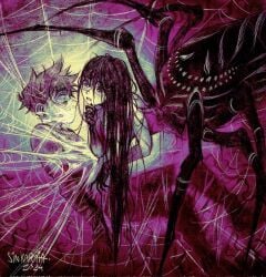 1boy 1girl alt_text arachne arthropod_girl breasts commentary covered_mouth english_commentary extra_arms hero_(omori) highres insect_girl limited_palette long_hair mari_(omori) medium_breasts messy_hair monster_girl nipples nude omori silk sintastein spider_girl spider_web taur