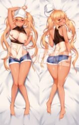 1girls arm_up armpits black_rock_shooter blonde_hair breasts chariot_(black_rock_shooter) dakimakura dakimakura_design denim_shorts feet full_body jean_shorts large_breasts looking_at_viewer looking_back m-da_s-tarou on_back on_stomach pointy_chin shorts solo tagme tanline torn_clothes