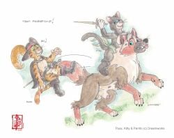action_pose animal_genitalia animal_penis anthro balls canid canine canine_genitalia canine_penis canis cape chomper_(puss_in_boots) clothing dialogue domestic_cat domestic_dog dreamworks erection falling felid feline felis female fennec_(artist) feral floppy_ears genitals grass group hat headgear headwear kitty_softpaws knot knot_in_sheath knotted_penis lipsticking looking_back male mammal melee_weapon mixed_breed motion_lines on_grass on_ground on_hind_legs painting_(artwork) paws penis penis_poking_out perrito_(puss_in_boots) plant pose puss_in_boots_(dreamworks) puss_in_boots_(franchise) sheath sword tail text tongue tongue_out traditional_media_(artwork) transformation trio watercolor_(artwork) weapon