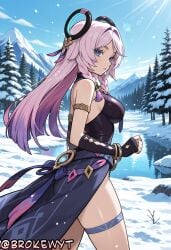 1girl ai_generated armlet bangs bare_shoulders black_gloves blue_eyes bracelet braid breasts brokewyt citlali_(genshin_impact) closed_mouth cuckold day dress fingerless_gloves genshin_impact gloves hair_ornament hi_res high_quality high_resolution highres jewelry long_hair looking_at_viewer medium_breasts mountain netorare outdoors pink_hair sideboob sky sleeveless snow snowing solo thigh_strap thighs tree twin_braids uncensored vision_(genshin_impact) winter