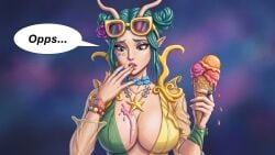 2d 2d_(artwork) blurry_background busty_female cleavage curvy curvy_figure cute cute_face female_focus green_eyes green_hair ice_cream ice_cream_cone ice_cream_on_breasts light-skinned_female mantis_(marvel) mantis_(marvel_rivals) mantis_(oceanic_harmony) marvel marvel_comics marvel_rivals melting_ice_cream speech_bubble webart20