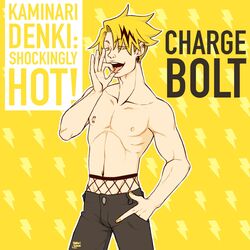 1boy amber_eyes blonde_hair denki_kaminari ear_piercing ear_stud earring electricity fingers_on_tongue fishnet fishnets hand_in_pocket male_only my_hero_academia nail_polish nekoritanuka nipple_piercing nipple_stud pinch shirt_removed solo text tongue_out topless yellow_background