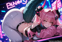 1girl ai_assisted ai_generated arknights:_endfield ass bangs bare_shoulders belt blush breasts crop_top curvaceous curvy curvy_female curvy_figure dragon_horns eyebrows_visible_through_hair female grin hair_ribbon horns jacket long_hair looking_at_viewer midriff miyuai pants pink_hair pointy_ears ribbon smile solo symbol-shaped_pupils tail thick thick_ass thick_butt thick_hips thick_legs thick_thighs top-down_bottom-up two_side_up virtual_youtuber voluptuous voluptuous_female wide_hips wide_thighs wings yvonne_(arknights:_endfield)