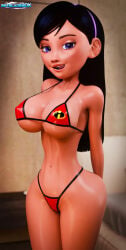 1girls 3d big_breasts bikini black_hair breasts disney female female_only hairband large_breasts nipple_bulge pixar skyblade3dx the_incredibles violet_eyes violet_parr