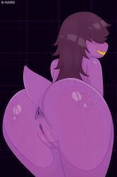 2026 absurd_res anthro anus artist_name bodily_fluids butt butt_focus deltarune digital_drawing_(artwork) digital_media_(artwork) female genitals glistening glistening_body glistening_butt hair hi_res looking_at_viewer looking_back purple_body purple_genitals purple_hair reptile s-hard scalie short_tail simple_background smile solo susie_(deltarune) tail text undertale_(series) vulva
