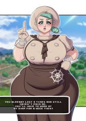 1girls big_breasts bottomwear breasts clothing drawingstiv english english_text female female_only game_freak gloves green_eyes hair hand_on_hip handwear hat headwear hips huge_breasts katy_(pokemon) mature mature_female mature_woman mole mole_under_eye mole_under_mouth nintendo plump pokemon pokemon_sv solo solo_female teal_hair text text_box topwear voluptuous voluptuous_female wide_hips