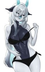 1girl animal_ears bikini black_bikini blue_eyes dragon_girl furry horns long_hair solo string_bikini swimsuit white_hair