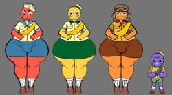 1girls 3boys babyhunt4 different_size drooling femboy orange_skin peak_(videogame) purple_skin red_skin scout_(peak) thunder_thighs wide_hips yellow_skin