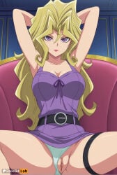 1girls ai_generated armpits arms_behind_head arms_up artist_name belt black_belt blonde_hair breasts cleavage closed_mouth clothing_aside collarbone couch dress female_human hair_between_eyes hi_res indoors large_breasts lipstick long_hair looking_at_viewer mai_valentine makeup panties panties_aside purple_dress purple_eyes pussy rule34lab short_dress sitting smile solo spread_legs thigh_strap uncensored underwear yu-gi-oh!