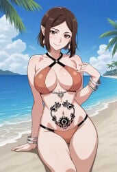 1girls ai_generated arioch_(drakengard) beach bikini brown_eyes brown_hair drag-on_dragoon drakengard elf elf_ears elf_female female female_only medium_breasts orange_bikini pointy_ears sitting smile