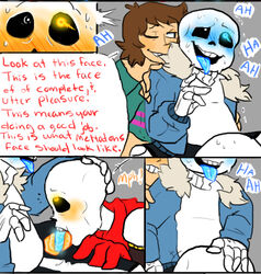 1girls 2boys ahe_gao blowjob blue_penis comic_page frisk nsfwshamecave orange_tongue papyrus sans tagme threesome tongue_out undertale yaoi