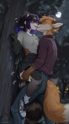 absurd_res against_natural_surface against_surface against_tree anthro being_held black_body black_fur black_hair blue_hair blue_highlights blush bodily_fluids bottomwear breasts canid canine clothing denim denim_bottomwear denim_clothing duo ear_piercing ear_ring female footwear fox fur grey_body grey_fur hair hand_on_neck held_up hi_res highlights_(coloring) jeans kissing male male/female mammal moon night niners_(artist) orange_body orange_fur orange_hair outside pants park pattern_clothing pattern_shirt pattern_topwear piercing plaid plaid_clothing plaid_shirt plaid_topwear plant plap procyonid raccoon riley_blaine ring_piercing sex shirt shoes skirt small_breasts sneakers tongue topwear tree white_body white_fur