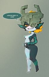 1girls 2d barefoot black_and_white_body blush glowing_genitalia green_nipples imp_midna midna perky_nipples posing_for_the_viewer red_irises runes sharp_teeth simple_background small_breasts smug speech_bubble standing yellow_sclera