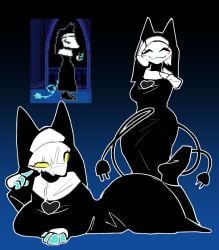 2026 blue_background blush blush_stickers bodily_fluids clothing cum cum_on_clothing cum_on_face darkner deltarune felid female genital_fluids gradient_background looking_at_viewer looking_smug machine mammal nun nun_outfit praying robot simple_background smile smug smug_face storm_(artist) tail tasque_manager tasque_manager_(nun) undertale_(series) yellow_eyes