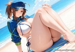 1girl aerith_gainsborough ai_generated beach big_breasts brown_hair female final_fantasy final_fantasy_vii final_fantasy_vii_remake mature_female revoaru swimsuit thick_thighs thighs